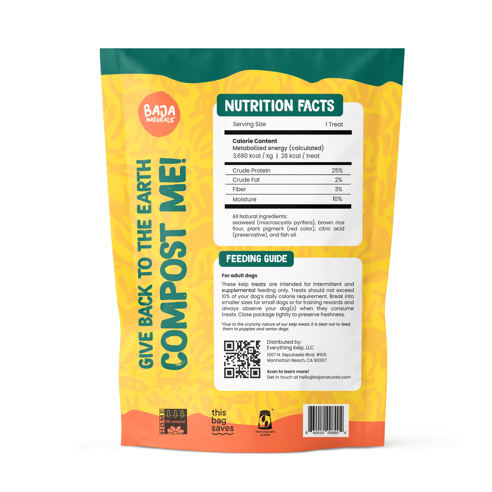 A bag of limited-ingredient and compostably packaged kelp dog treats against a natural colored background at Baja Naturals.