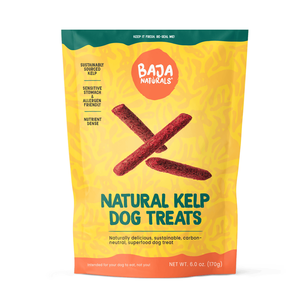 A bag of sustainably made and compostably packaged kelp dog treats against a natural colored background at Baja Naturals.