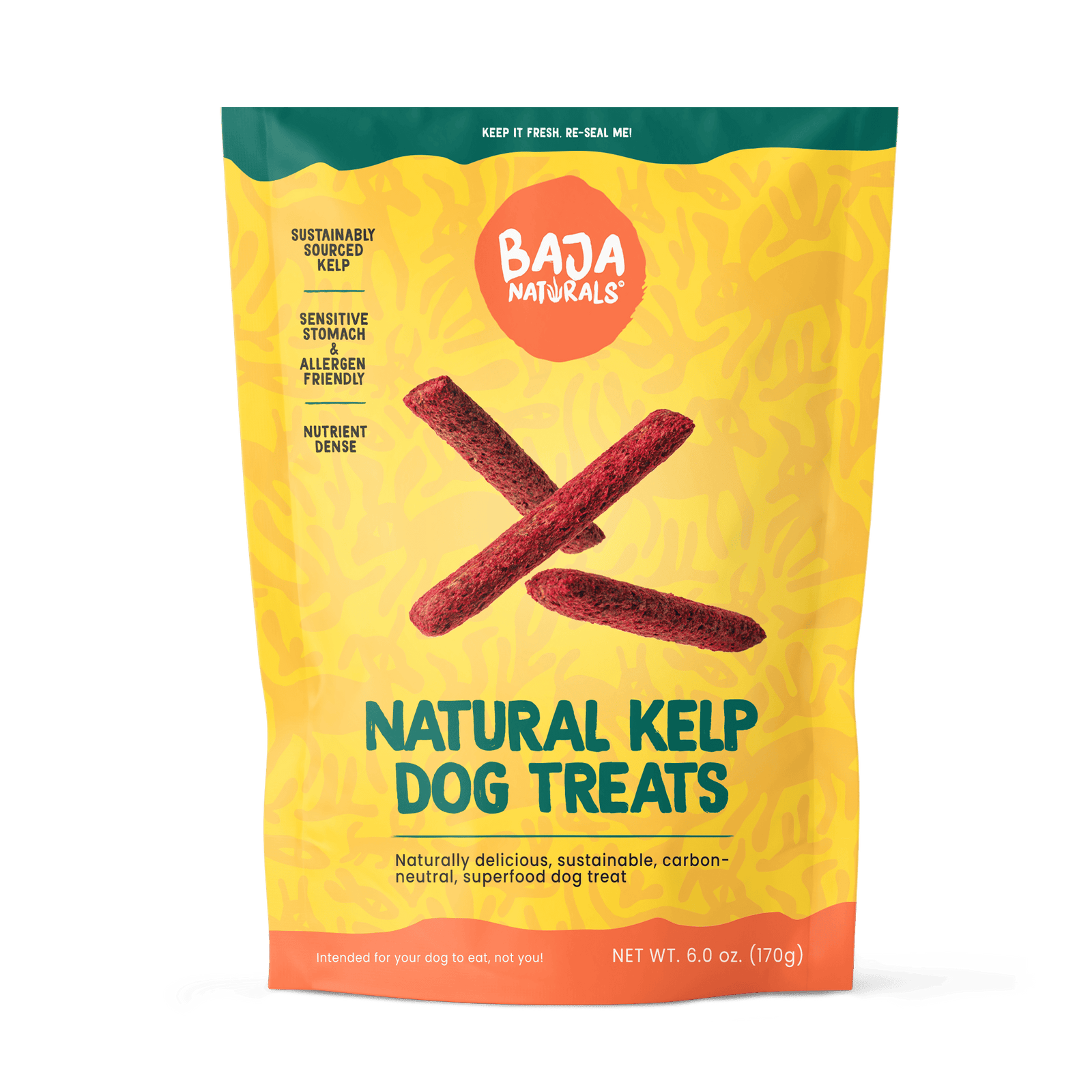 A bag of sustainably made and compostably packaged kelp dog treats against a natural colored background at Baja Naturals.