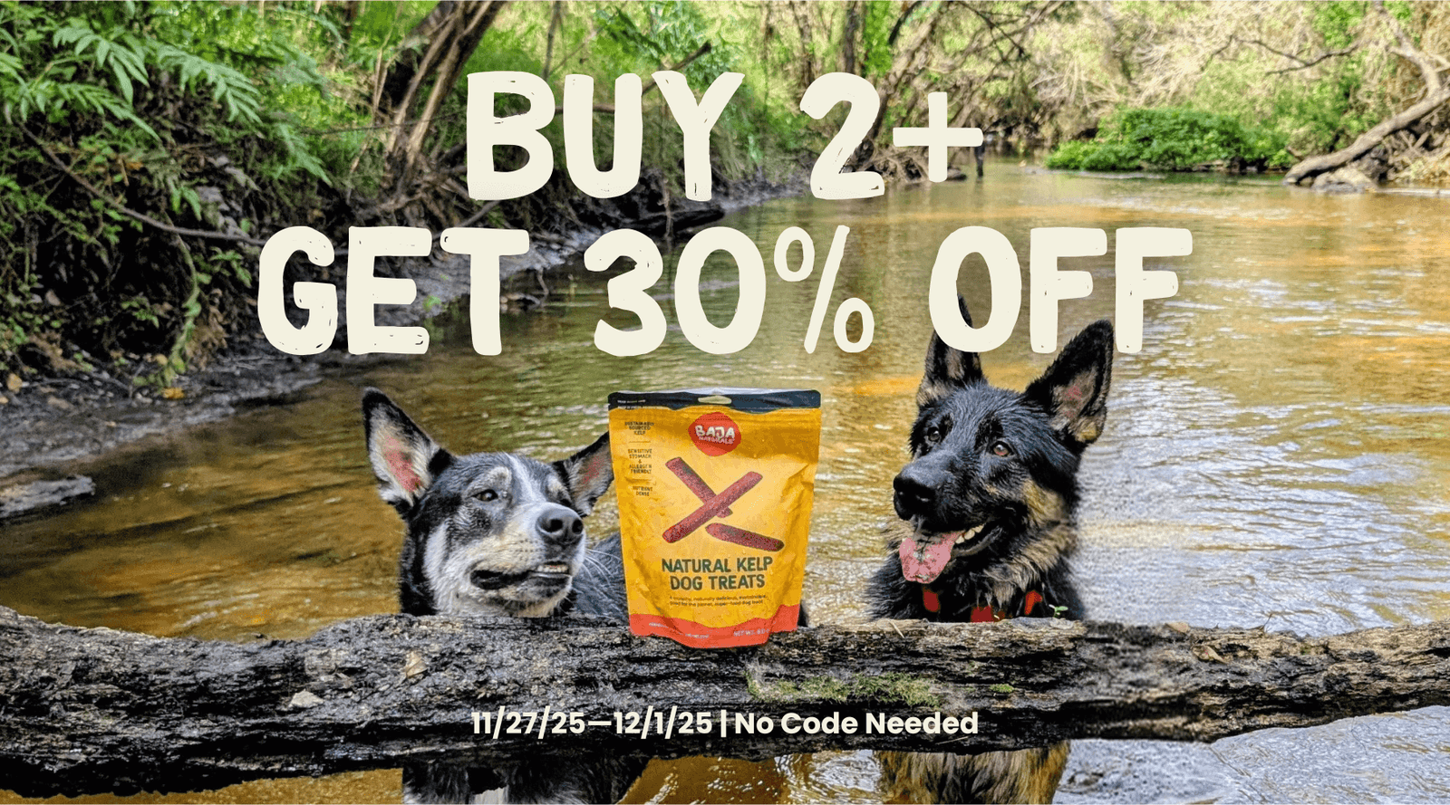 Australian Cattle Dog and German Shepherd beside a yellow and red Baja Naturals Natural Kelp Dog Treats pouch on a dark brown creek log, with green foliage and golden-brown water in the background during a Buy 2+ Get 30% Off promotion.